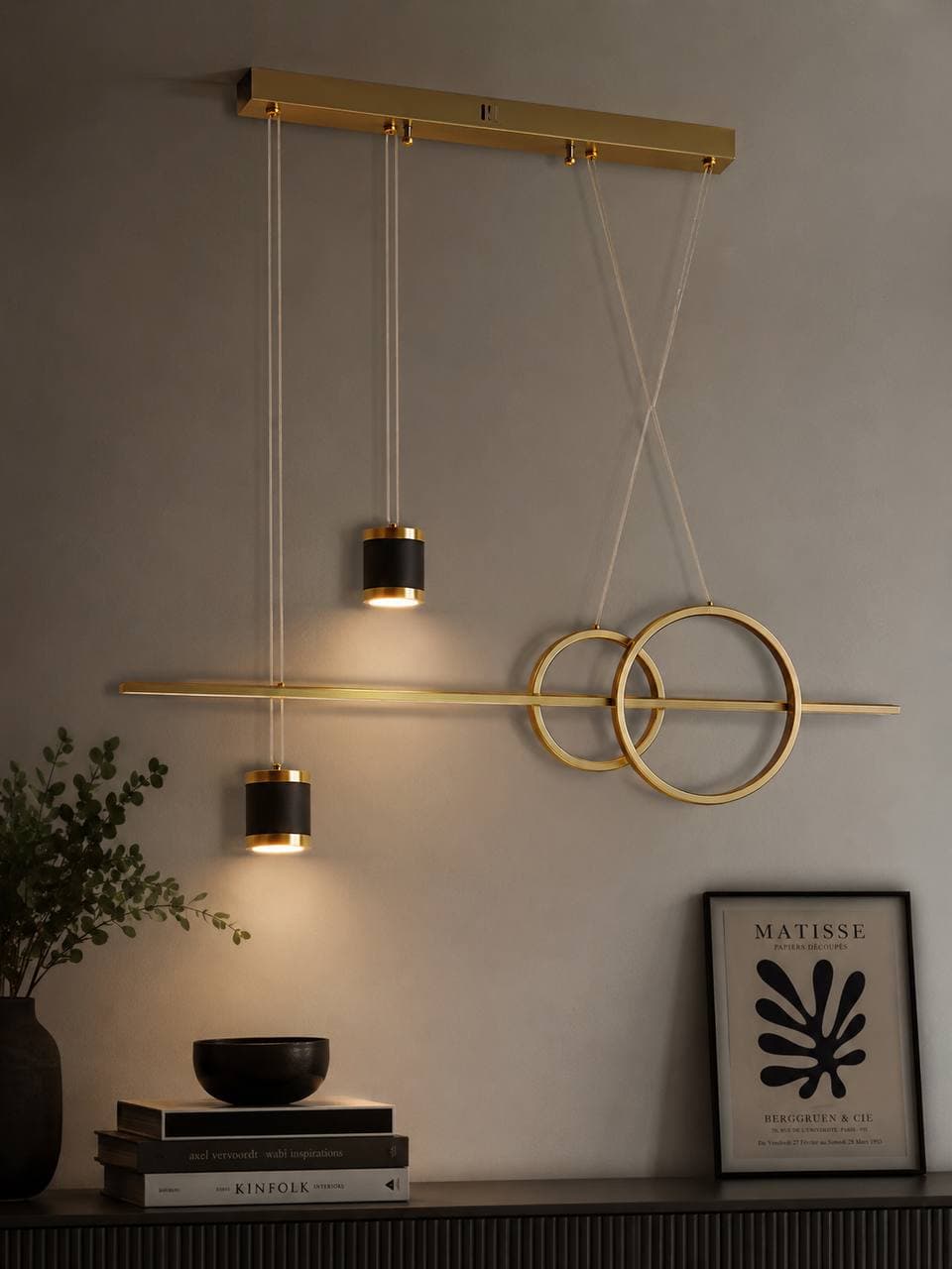 Modern gold-and-black LED pendant light with remote control
